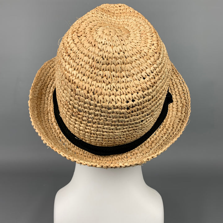 TRACY WATTS Natural & Black Woven Raffia Fedora Hat