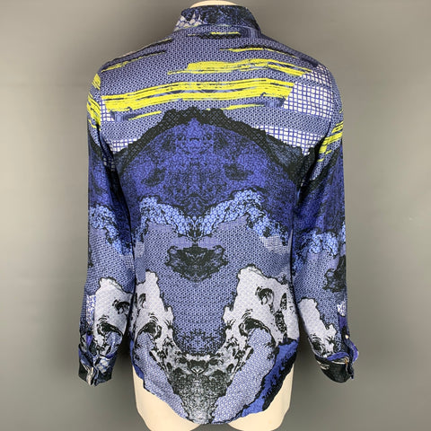 JUST CAVALLI Size L Blue & Yellow Print Silk French Cuff Long Sleeve Shirt