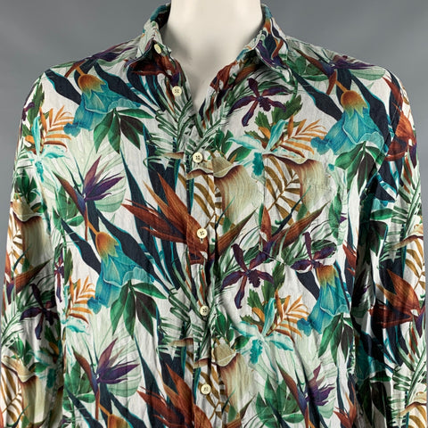 120% LINO Size 44 Blue Multi-Color Floral Linen Button Up Long Sleeve Shirt