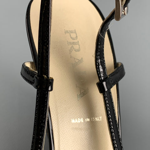 PRADA Size 6.5 Black Patent Leather Slingback Wedges
