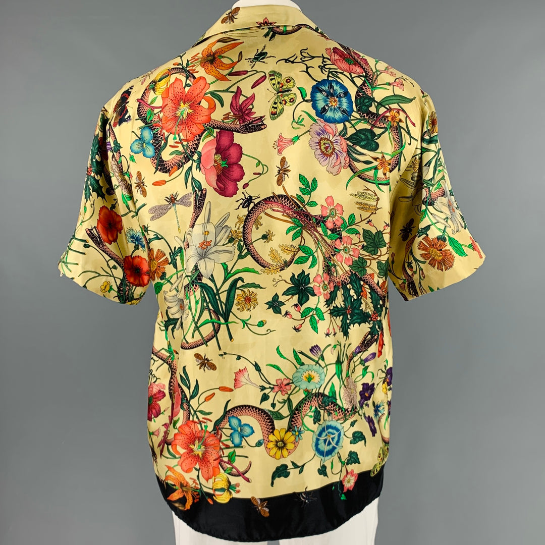 GUCCI Talla XXL Camisa de manga corta Campamento de seda con estampado multicolor beige