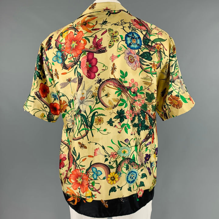 GUCCI Talla XXL Camisa de manga corta Campamento de seda con estampado multicolor beige