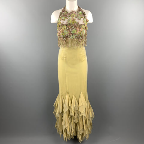 LILY SAMII Size 6 Light Green Silk Floral Beaded Lace Bustier Evening Gown