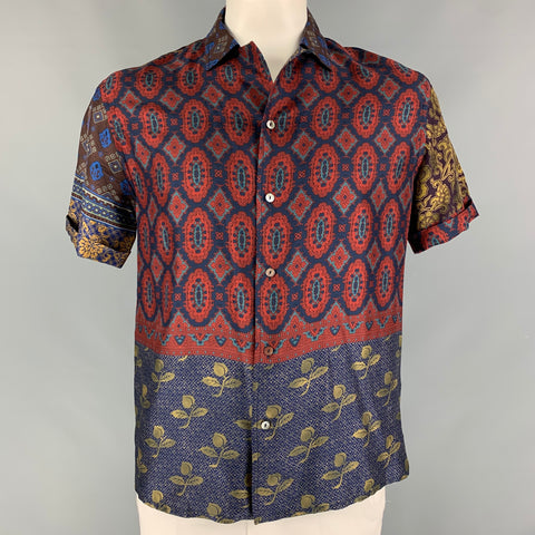PIERRE-LOUIS MASCIA Size XL Navy & Burgundy Silk Camp Short Sleeve Shirt