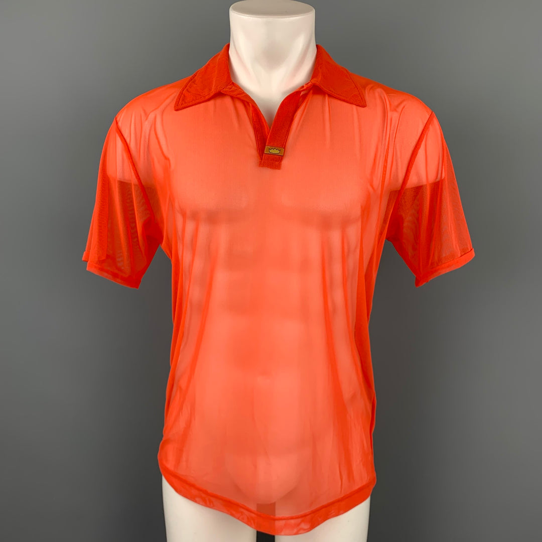 Vintage TODD OLDHAM JEANS Size L Orange Mesh Nylon Blend Spread Collar Polo