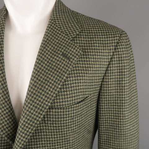 KITON Chest Size 40 Regular Green Houndstooth Cashmere / Silk Sport Coat