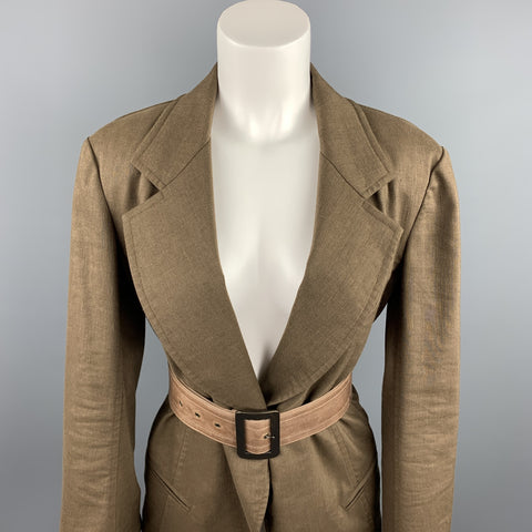 DONNA KARAN Size 4 Olive Twill Wool / Linen Belted Jacket Blazer