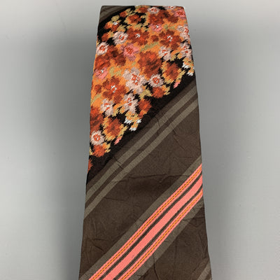 KENZO Brown & Pink Floral Striped Textured Silk Tie