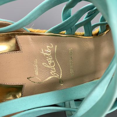 CHRISTIAN LOUBOUTIN 7 Turquoise Suede Woven Yellow Braided Platform Wedge Sandals