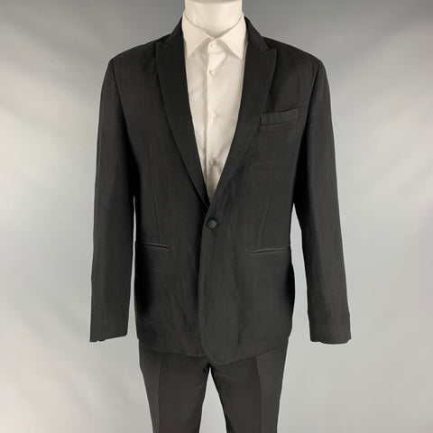 JOHN VARVATOS Taille 40 Noir Solide Lin Laine Peak Revers Smoking