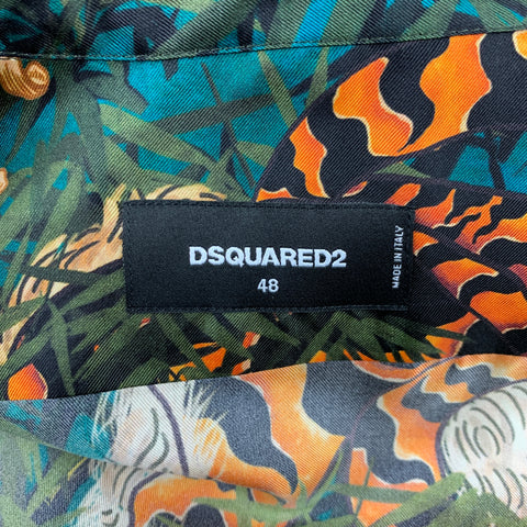 DSQUARED2 Size S Green & Orange Print Silk Button Up Long Sleeve Shirt
