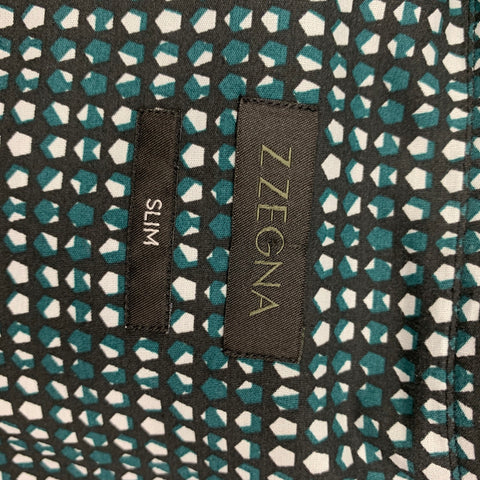 Z ZEGNA Size XXL Black Green Abstract Cotton Long Sleeve Shirt
