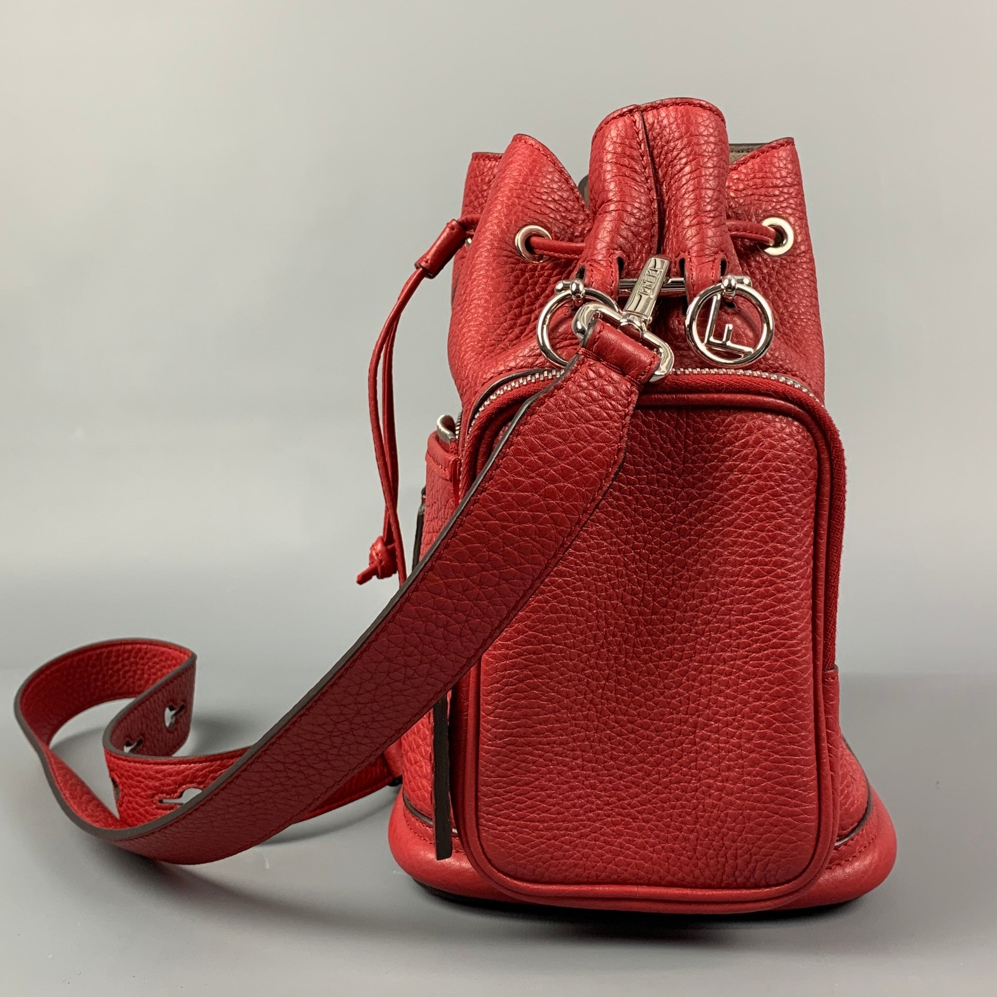 FENDI Red Pebble Grain Calfskin Leather Mon Tresor Bucket