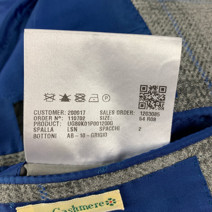 KITON Size 44 Grey Blue Plaid Cashmere Notch Lapel Sport Coat