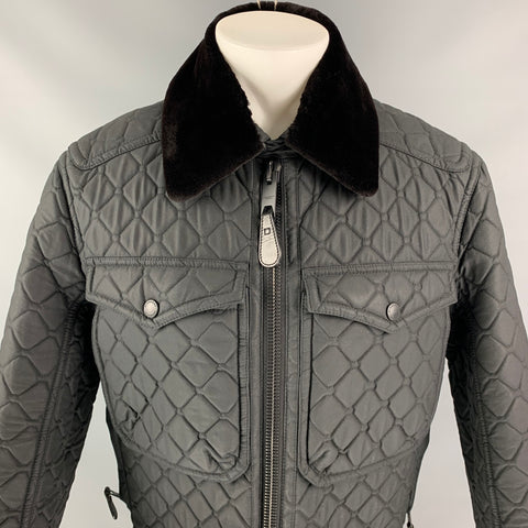 BURBERRY PRORSUM Size 40 Black Quilted Coated Cotton Mink Collar Zip Jacket