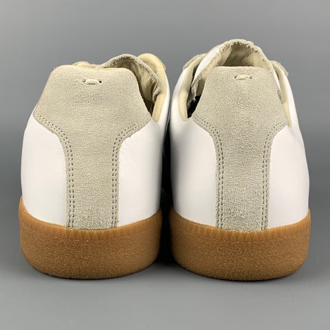 MAISON MARGIELA Talla 11 Zapatillas réplica de cuero con cordones y bloques de color blanco