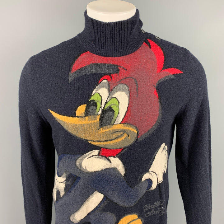 ICEBERG Woody Woodpecker Size L Navy Knitted Wool / Nylon Mock Turtleneck Pullover