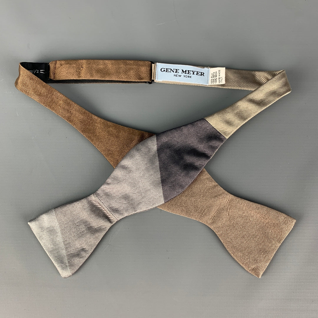 GENE MEYER Brown Silver Color Block Silk Bow Tie
