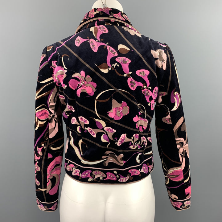Vintage EMILIO PUCCI Size M Black & Pink Floral Velvet Cropped Jacket