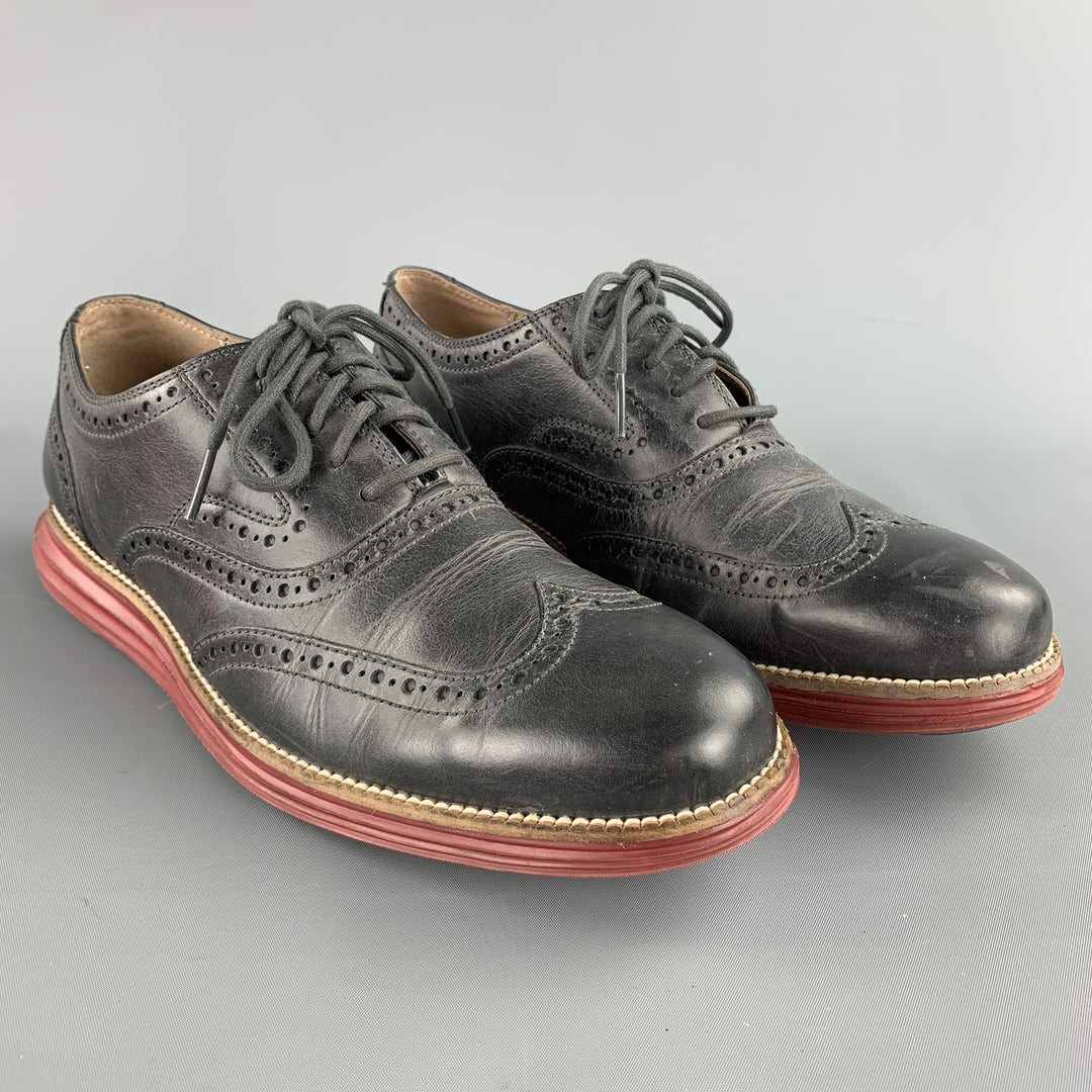 COLE HAAN Size 9.5 Charcoal Perforated Leather Wingtip Lace Up Shoes