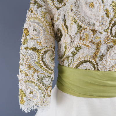 MONIQUE LHUILLIER Size 10 Cream Gold Green Lace Bodice Bolero Gown