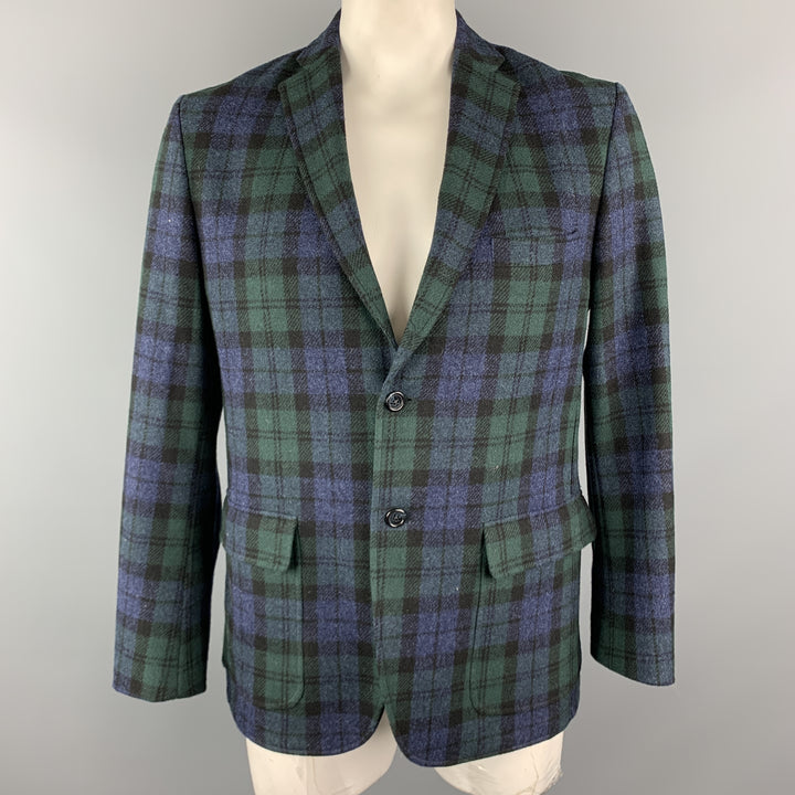GITMAN BROS Size 42 Green & Blue Plaid Wool Notch Lapel Patch Pockets Sport Coat