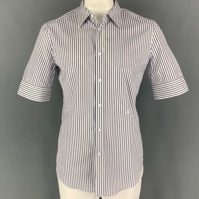 LOUIS VUITTON Talla L Camisa de manga corta con botones de algodón a rayas azul marino blanca