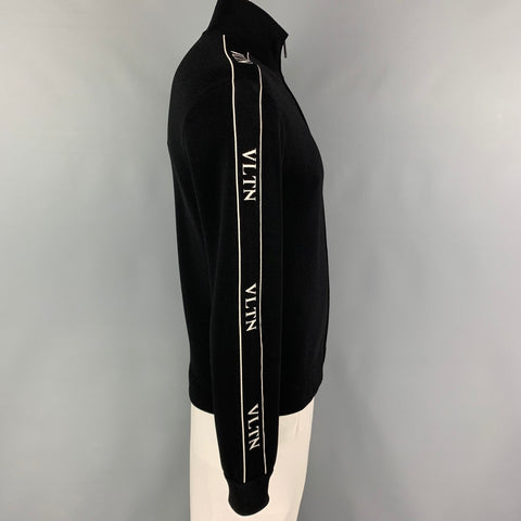 VALENTINO Size L Black White Logo Viscose Blend Zip Up Jacket
