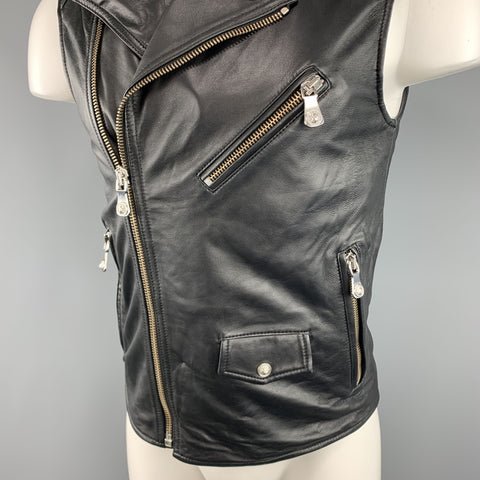 VERSUS by VERSACE Chaleco motero con cabeza de león de cuero negro talla XS