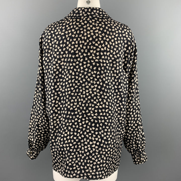 SALVATORE FERRAGAMO Talla 10 Blusa de seda abstracta con cuello en V en blanco y negro