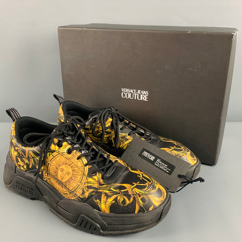 VERSACE JEANS COUTURE Size 10.5 Black Gold Baroque Leather Sneakers