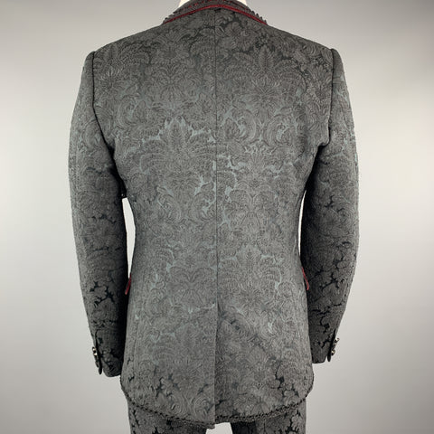 DOLCE & GABBANA 40 Black Brocade & Burgundy Velvet 3pc Suit