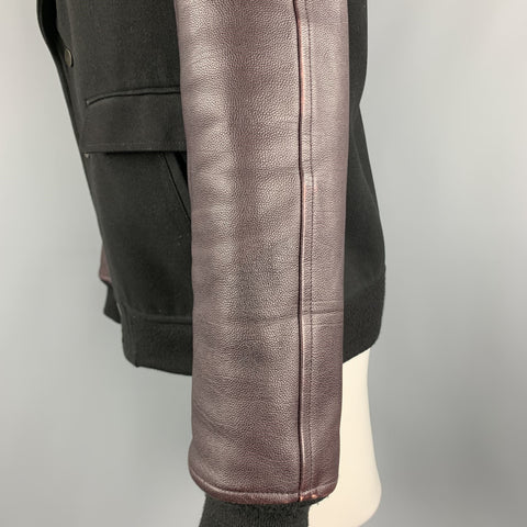 ALEXANDER WANG Size M Black & Burgundy Mixed Materials Wool Leather Sleeves Notch Lapel Jacket