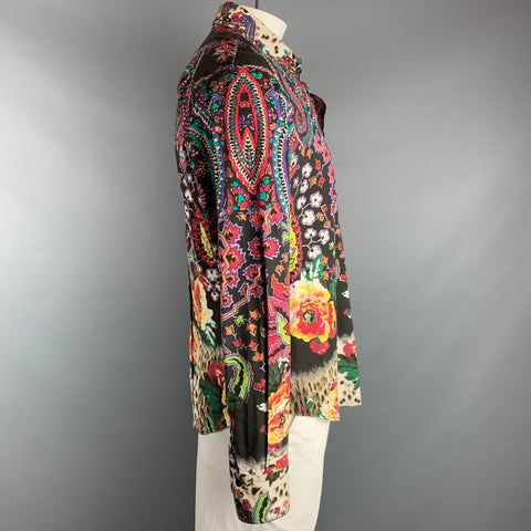JUST CAVALLI Size XXL Multi-Color Print Cotton Blend Button Up Long Sleeve Shirt