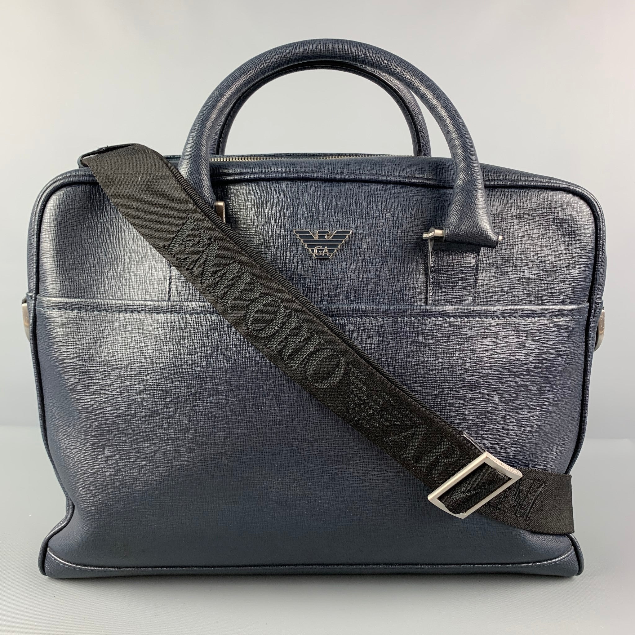 EMPORIO ARMANI Navy Textured Saffiano Leather Briefcase Bag