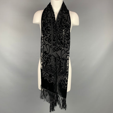 VINTAGE Black Burnished Velvet Fringe Scarf