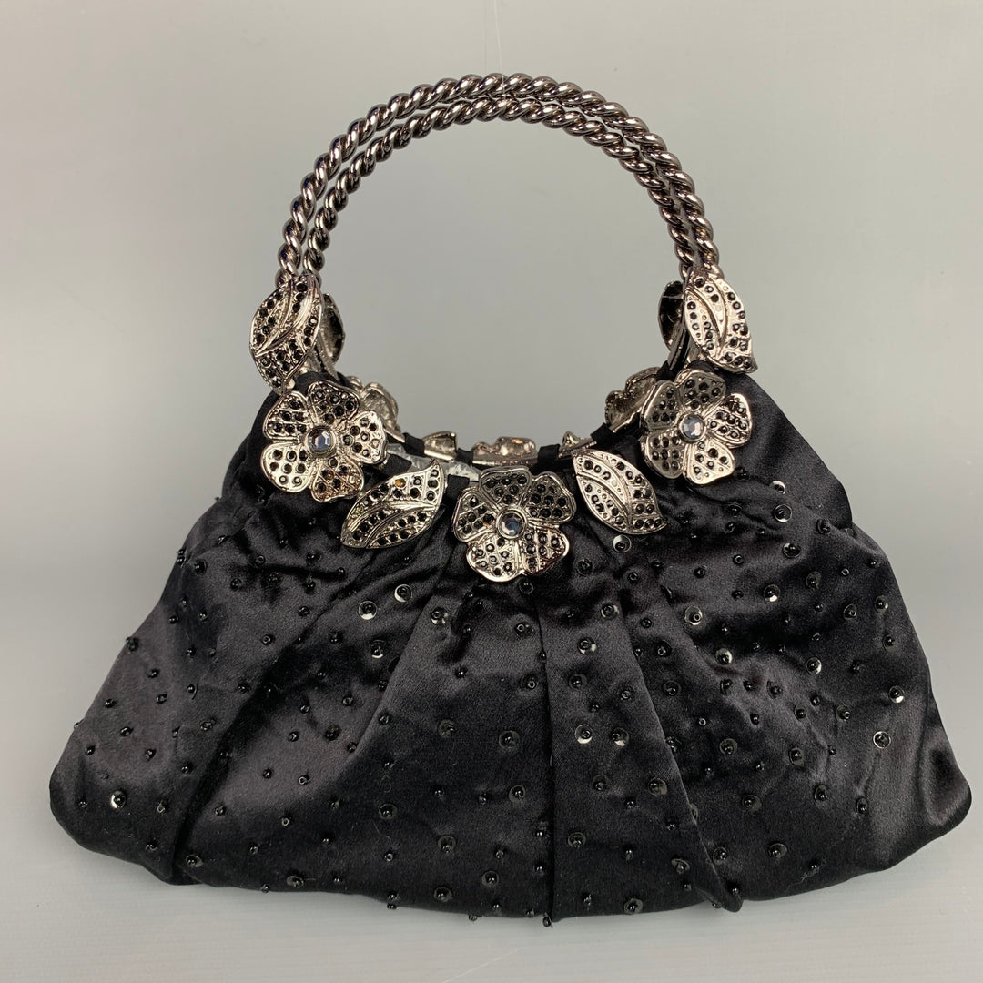 BADGLEY MISCHKA Black & Silver Beaded Satin Evening Handbag
