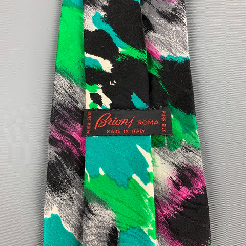 BRIONI Green Abstract Print Silk Tie