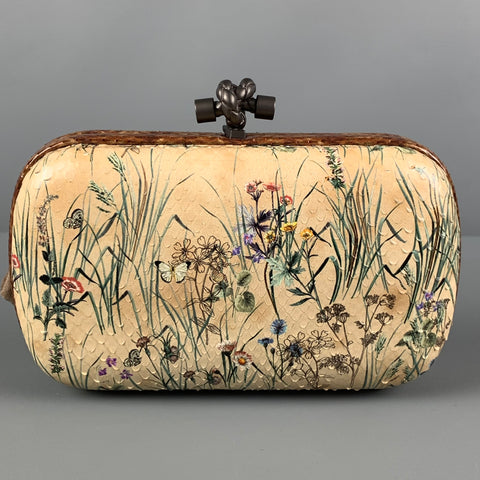 BOTTEGA VENETA Beige Floral Python Skin Leather Pochette Knot Clutch
