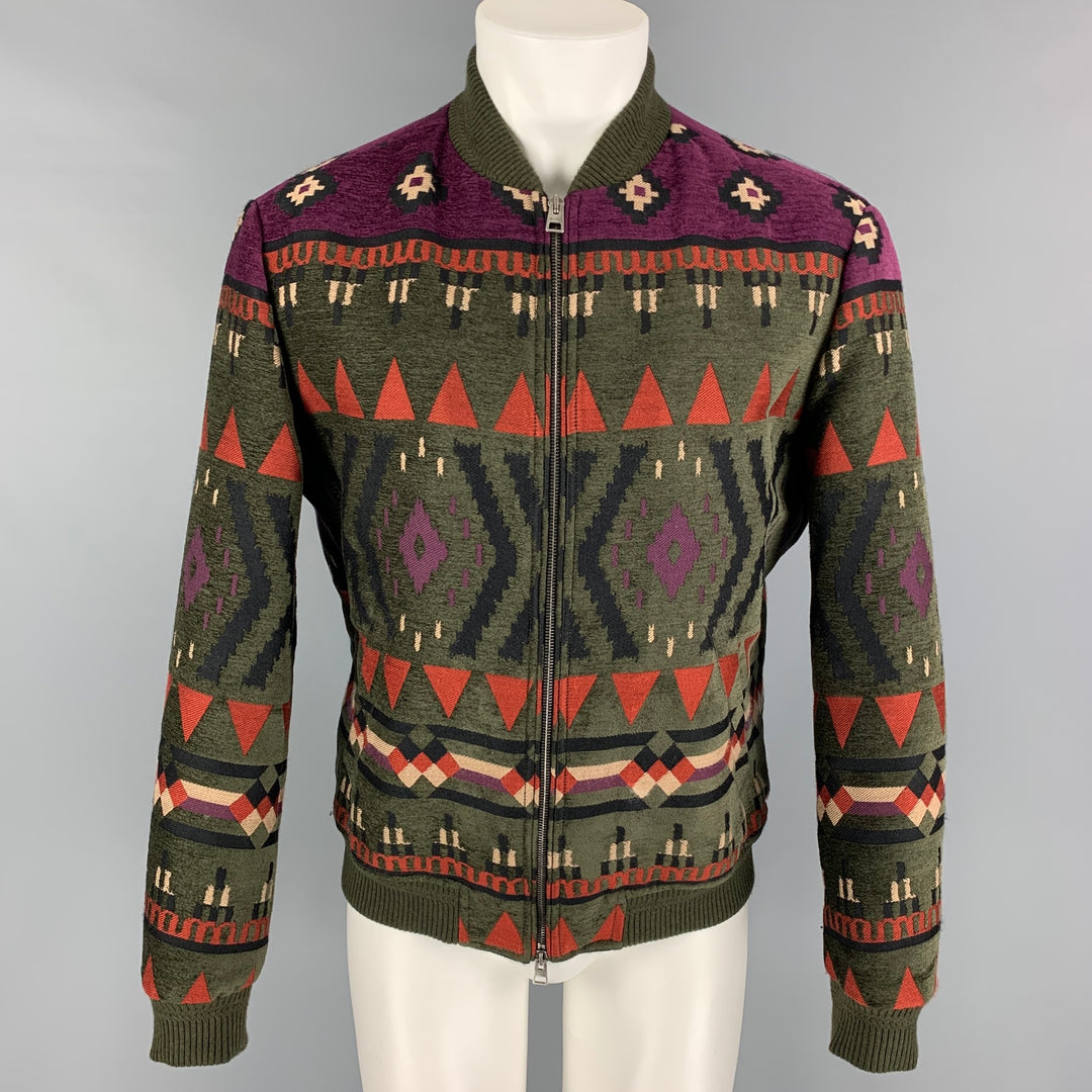 ETRO Size M Olive Purple Pattern Wool Blend Zip Up Bomber Jacket