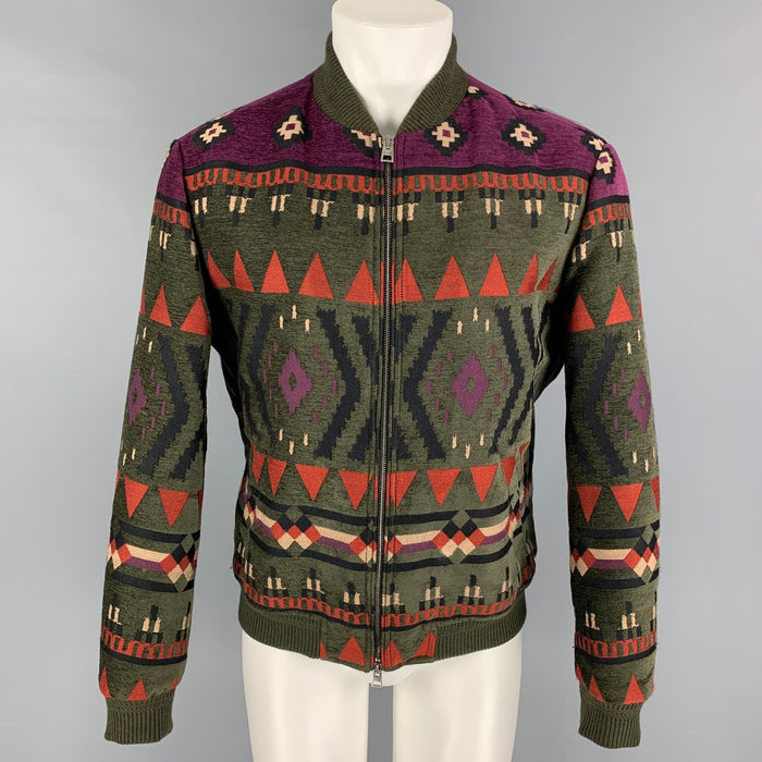 ETRO Size M Olive Purple Pattern Wool Blend Zip Up Bomber Jacket