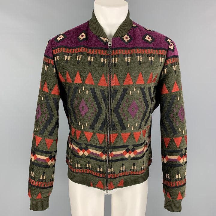 ETRO Size M Olive Purple Pattern Wool Blend Zip Up Bomber Jacket