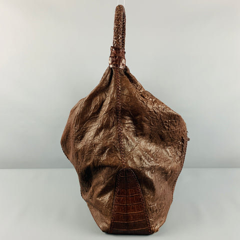 PARKER OCHS Brown Mixed Leathers Alligator Leather Hobo Handbag