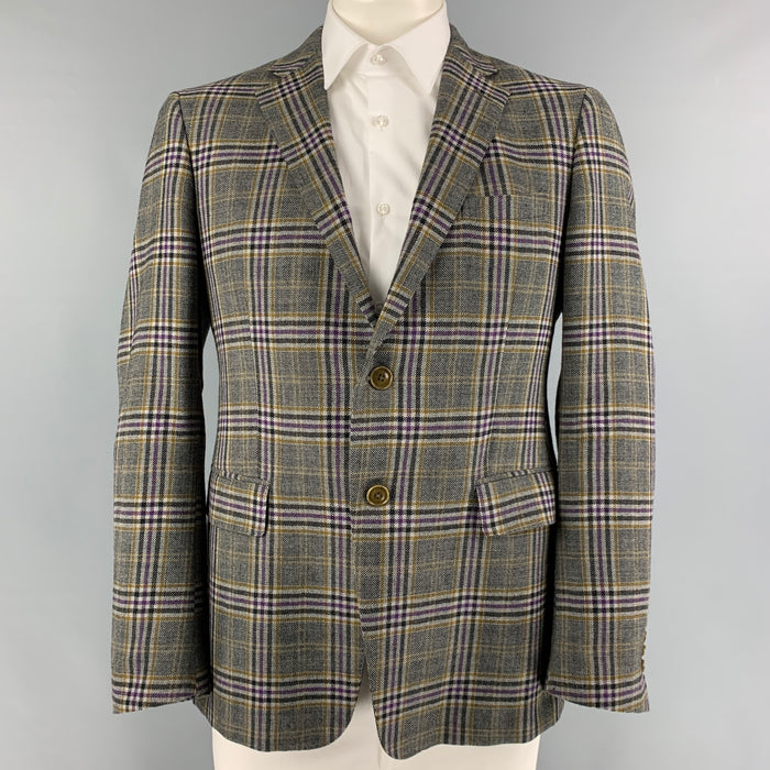 ETRO Size 42 Purple Black Mustard Plaid Wool Single Breasted Sport Coat