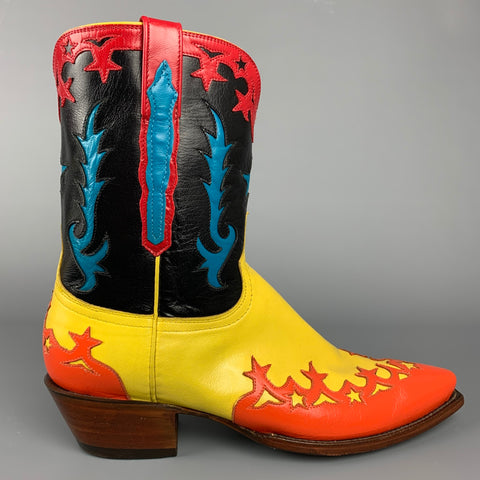 LUCCHESE 2020 Talla 10.5 Botas personalizadas de vaquero de cuero con apliques multicolores