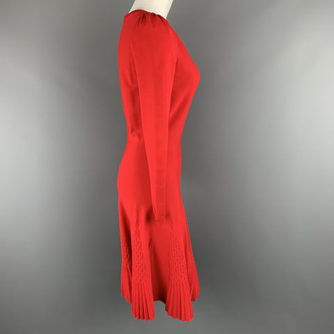VALENTINO Vestido de falda de vuelo plisado de manga larga de punto rojo talla S