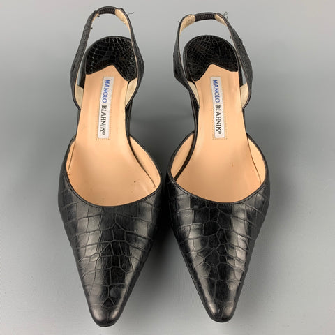MANOLO BLAHNIK Carolyne Talla 10 Zapatos de tacón con tira trasera en piel de cocodrilo negra