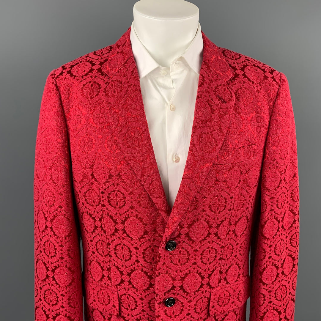 COMME des GARCONS HOMME PLUS Size XL Red Jacquard Cotton Blend Notch Lapel Jacket