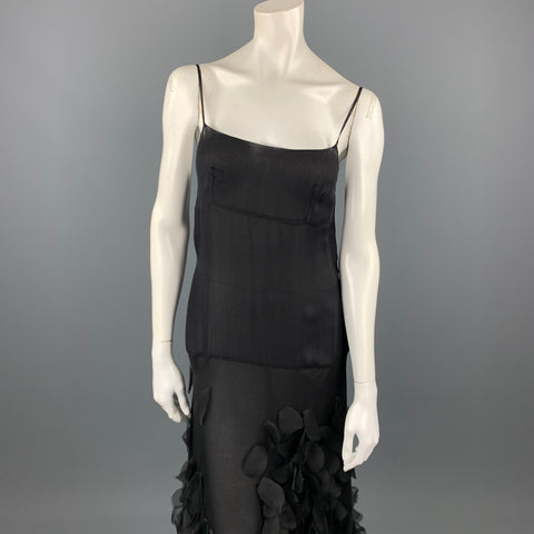 VINTAGE Taille 6 Noir Strass Applique Soie Spaghetti Strap Robe de Cocktail