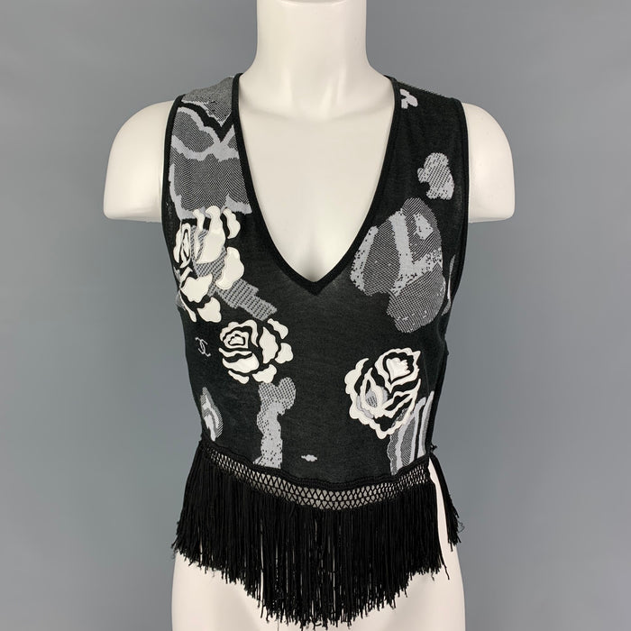 CHANEL Size M Black & White Cotton Rayon Floral Sleeveless Dress Top